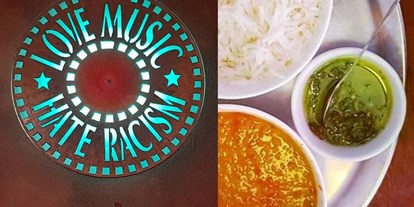 vegetarisch vegan essen gehen - Deutschland - Dalsuppe aus roten fair gehandelten Bio-Linsen + Basmati-Reis + tschüschs Chili = Love Food + Music > Hate Racism - café tschüsch