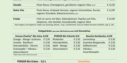 vegetarisch vegan essen gehen - Anlass: Gruppen - Deutschland - Sperisekarte Pane; Getränkekarte Erfrischungsgetränke, Kaffee und Tee - GuennieGonzalez - Veggie Küche in Landsberg am Lech