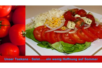 vegetarisches veganes Restaurant: Salat Toscana
Kopfsalat, Eisberg, Chinakohl, Mais, Tomaten
Zwiebeln, Tomate  - Mozzarela, Grana Padano und
Honig - Balsamico Dressing - Salatbar Detmold