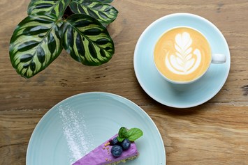 vegetarisches veganes Restaurant: Cappuccino und rohveganer Kuchen - Kaffeesurium