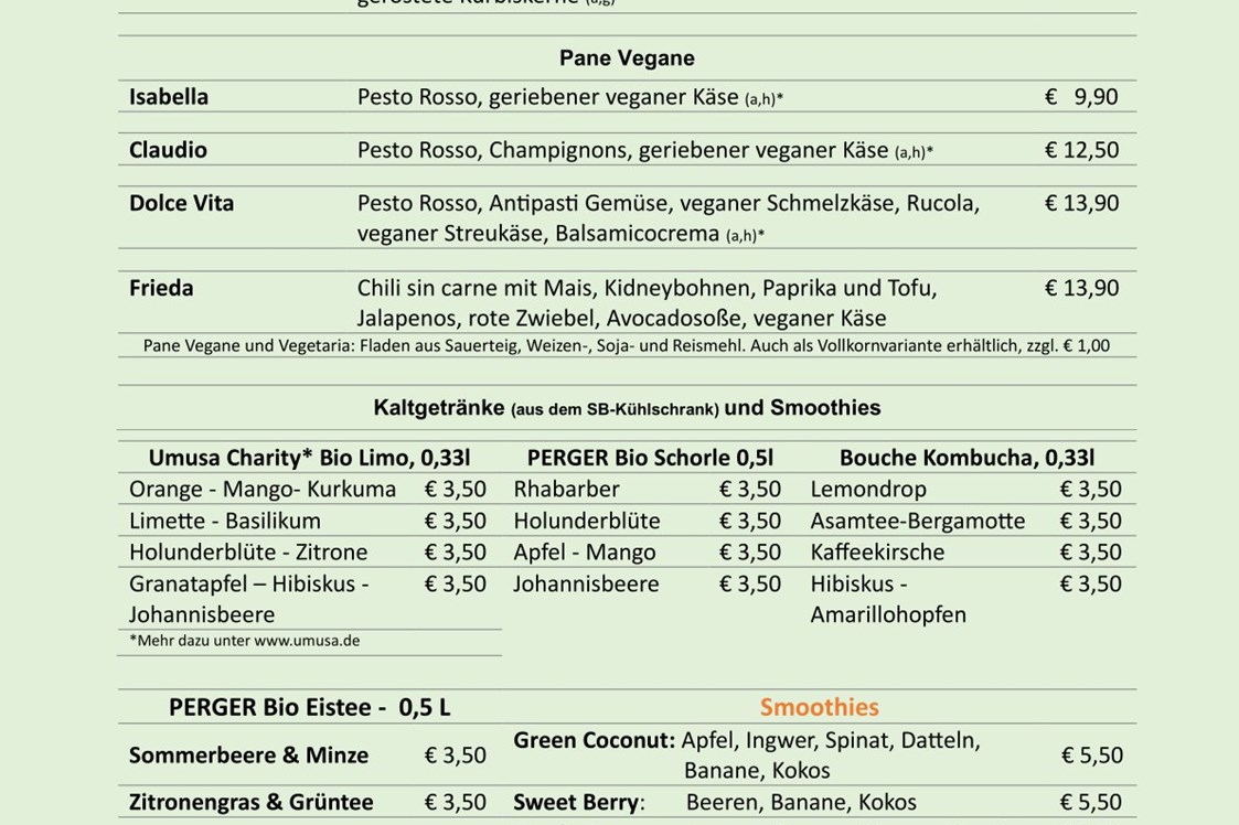 vegetarisches veganes Restaurant: Sperisekarte Pane; Getränkekarte Erfrischungsgetränke, Kaffee und Tee - GuennieGonzalez - Veggie Küche in Landsberg am Lech